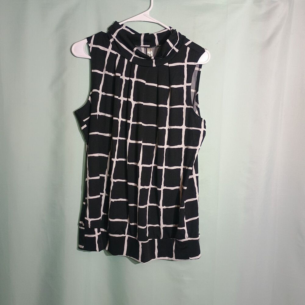 Women’s Black & White Windowpane Sleeveless Blouse – Mock Neck Grid Print Top